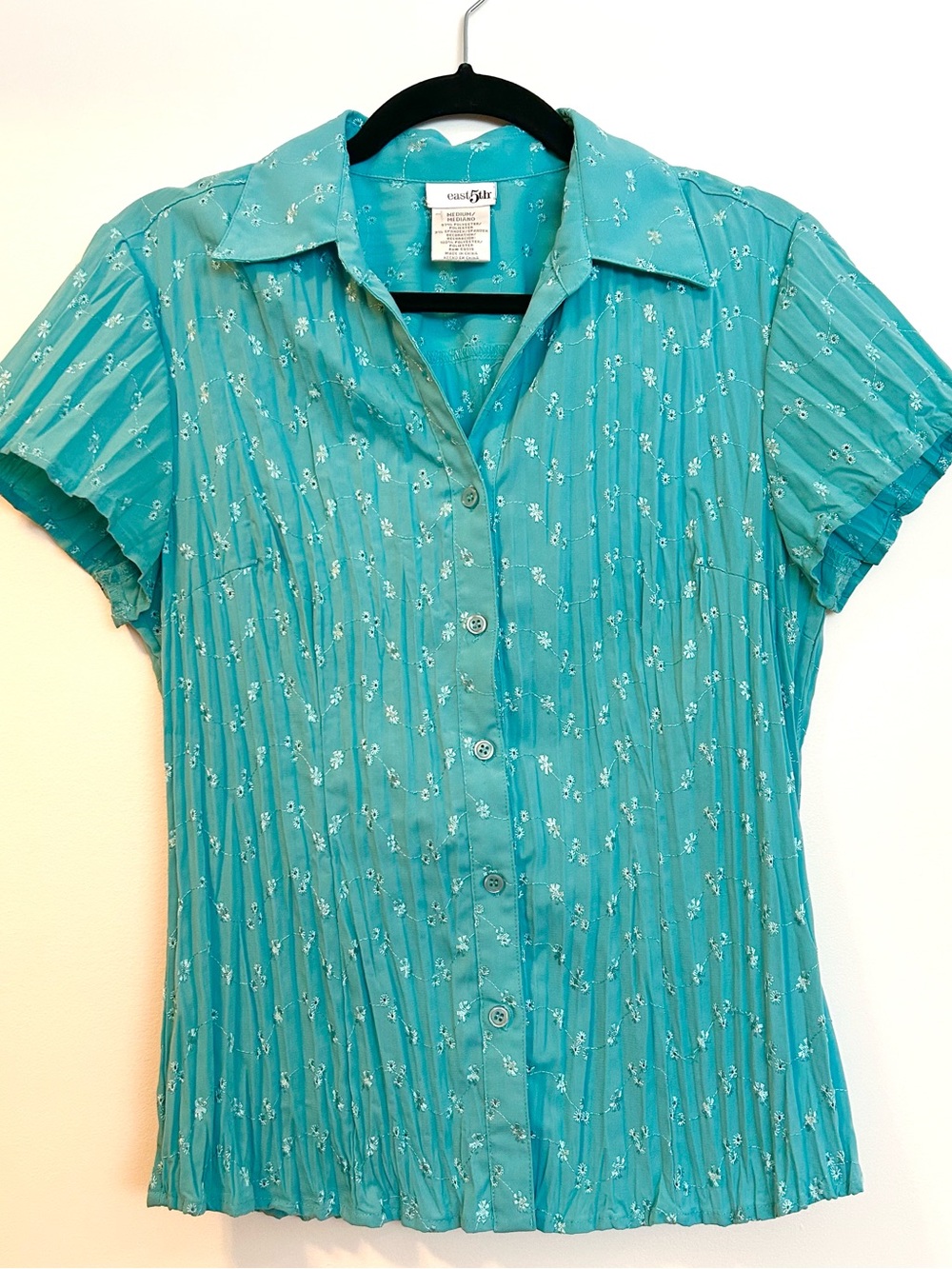 Turquoise Collared Eyelet Pleated Blouse with Floral Embroidery